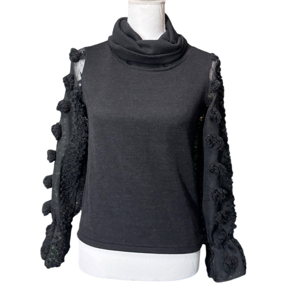 THML Black Textured Knit Mock Neck Sweater XS‎ Ruffle Sleeve Statement Top